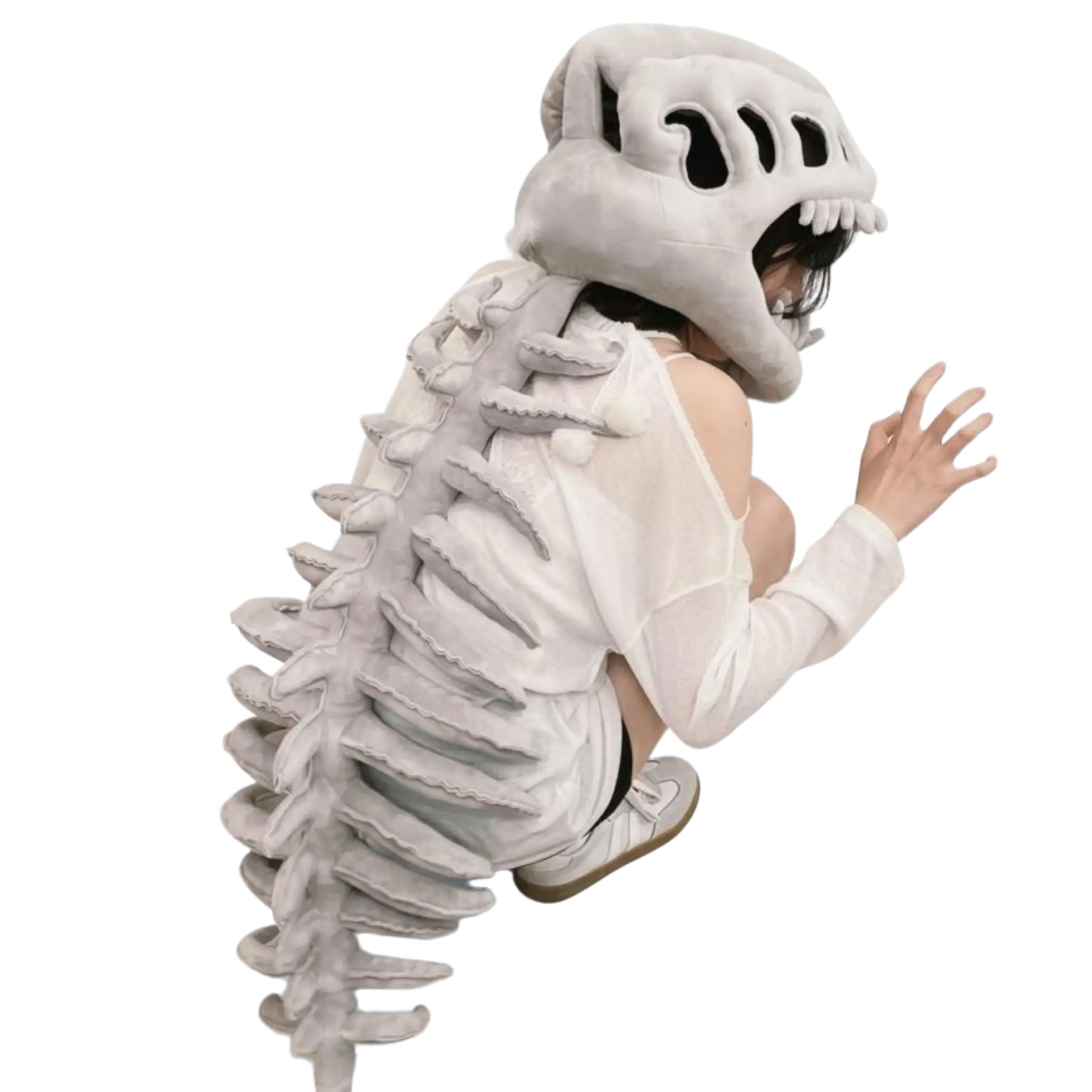 Realistic Dinosaur Skeleton Costume Set-Includes a wearable skeleton plush suit, 3D dinosaur skull headpiece, and spine costume, perfect for role-playing Grey Womenswear