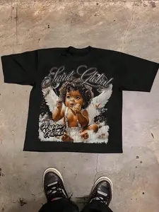 Unisex Short Sleeve Classic T-Shirt, Angel Graphic Print Design, Fashionable Youthful American Streetwear, Casual Loose Fit Half Sleeve Top