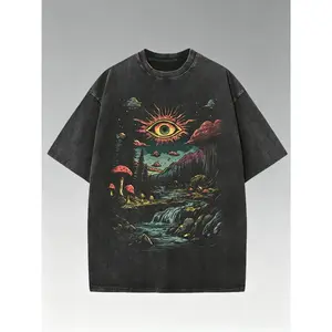 Men's summer casual short-sleeve round-neck 230g washed distressed T-shirt, "Fantasy Forest and Sun Eye" wax-printed cotton, Halloween Y2K soul gothic retro street style T-shirt, an excellent gift for outdoor activities