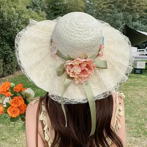 Summer Lace Straw Hat for Women, Fashionable Floral Bow Sun Hat, Outdoor Sun Protection Sun Hat