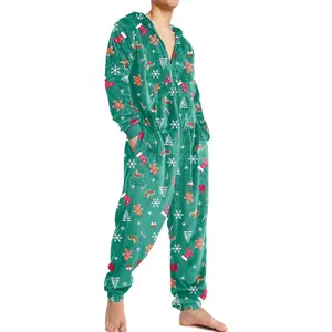 Mens Onesie Christmas Hoodie Fleece One Piece Pajamas Zipper Up Flannel Adult Pjs S-XXL