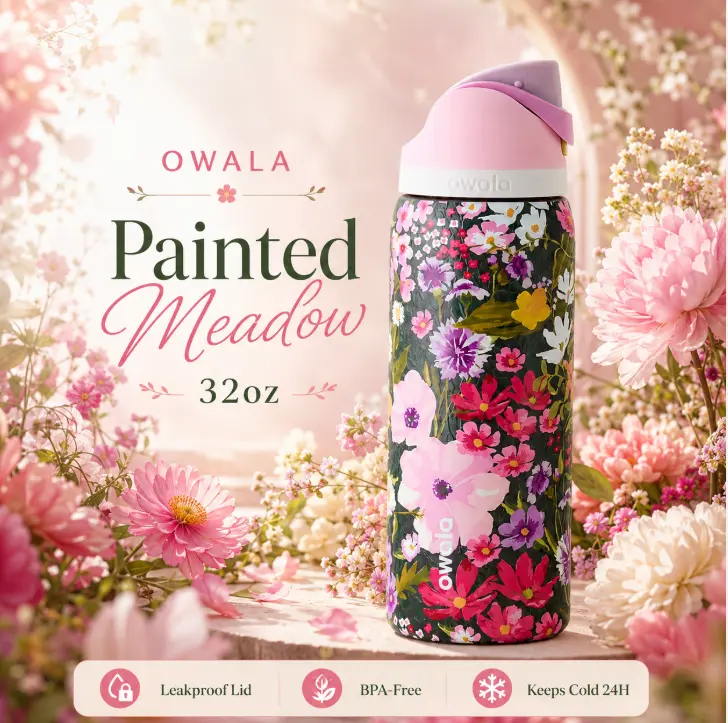 Owala Painted Meadow 32oz FreeSip Water Bottle Leakproof Insulated Stainless Steel Floral Everyday Travel Gift for Women