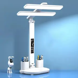Flexible Table Lamp with Brightness Levels,Dual Head LED Desk Lamp with Charging Function,USB,Clock,Temperature,LCD,Date,Touch Control (White)