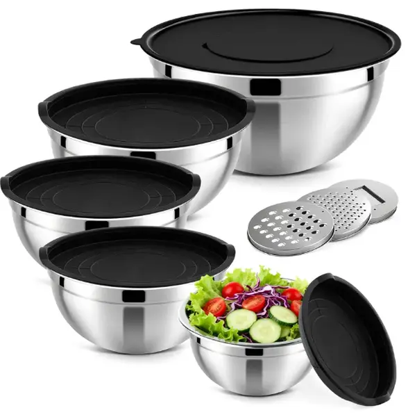 5-Piece Stainless Steel Mixing Bowl Set with Airtight Lids (Includes 3 Grating Attachments) — Stackable Salad Bowls with Capacities of 0.67, 1, 1.5, 2, and 4 Quarts. BPA-Free and Dishwasher Safe; Ideal for Kitchen Food Prep and Storage. summerwins