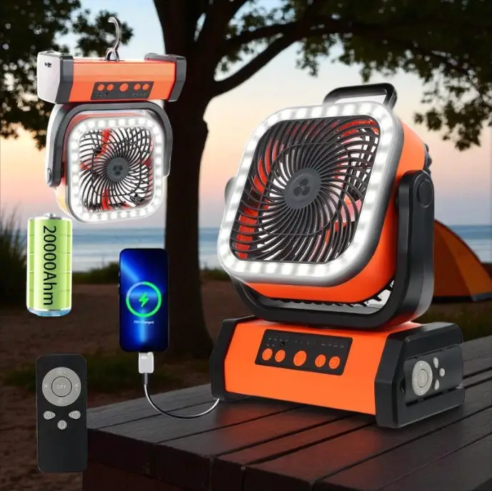 Portable 2lb Camping Fan - Rechargeable 20000/30000mAh, 360° Rotating Hook, 3-Level LED Lights & Sleep Timer, Perfect for Outdoors & Emergencies, USB-