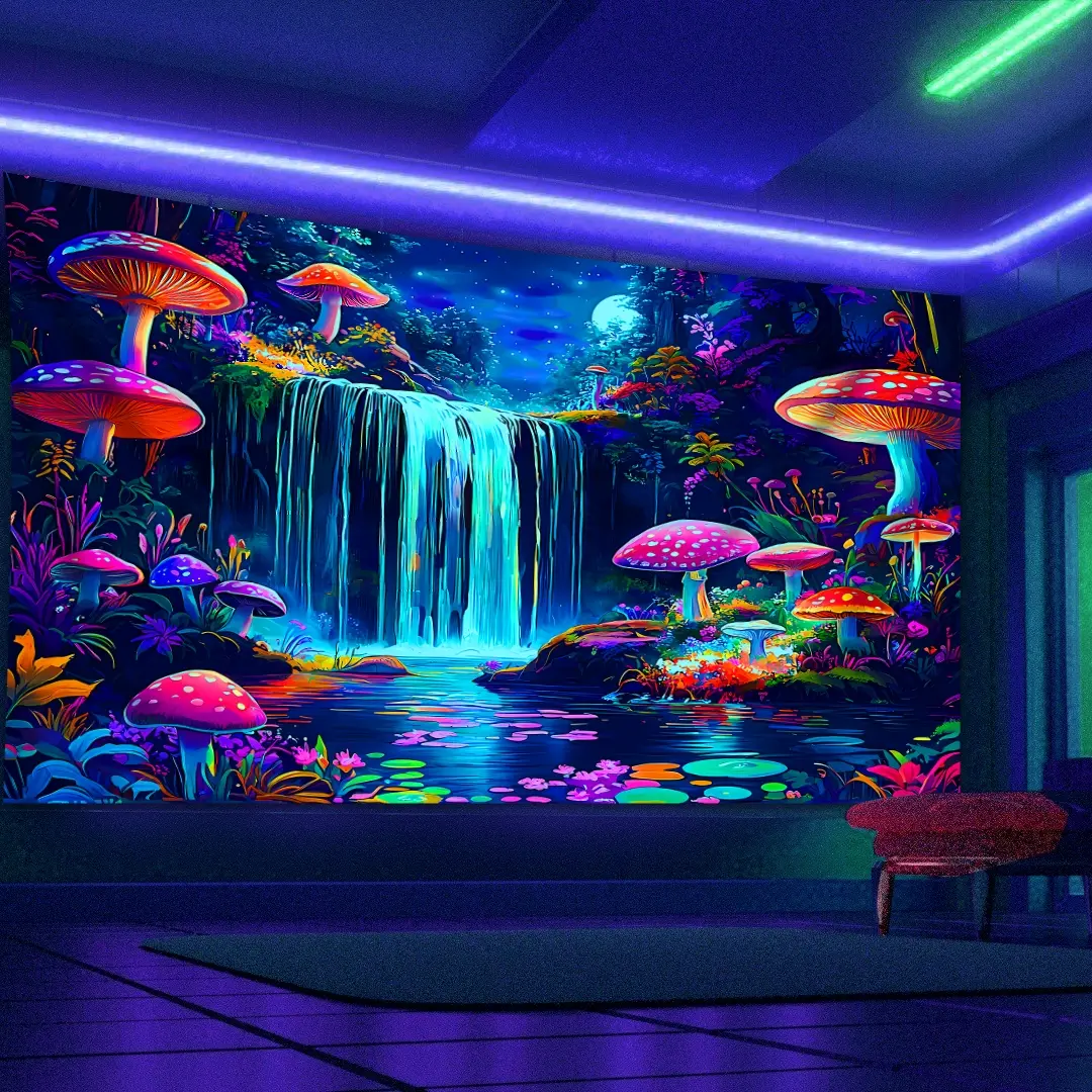 1pc Durable Polyester UV Black Light Reactive Tapestry - Vibrant Landscape Print Mushroom Mountain Water Starry Sky Design, Wrinkle Resistant, Machine Washable Room Art, Party Decor, Decor Inspo Home Supply with Installation Bag (summerwins), Home Supplie