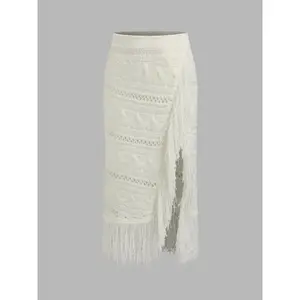 Cider [size 2-10] Knit Solid Asymmetrical Fringe Midi Skirt SwimWeek