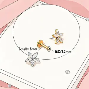 Oufer 16G Flower Threadless Push Pin CZ Flat Back Helix Tragus Flat Helix Cartilage Stud Earring Stainless Steel