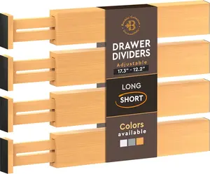 Adjustable Bamboo Drawer Dividers – 4-Pack | 17" - 21.5" Adjustable Spring-Loaded Dividers with Non-Slip Grips & Foam Edges for Kitchen, Office & Home Drawers