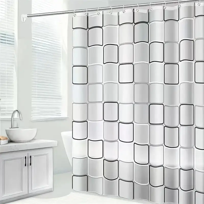 Geometric Pattern Shower Curtain, Semi-transparent Bath Curtain, Bathroom Curtains with Metal Grommets & Plastic Hooks, Bathroom Decor Supplies for Home Hotel Salon, Bathroom Decoration Accessories