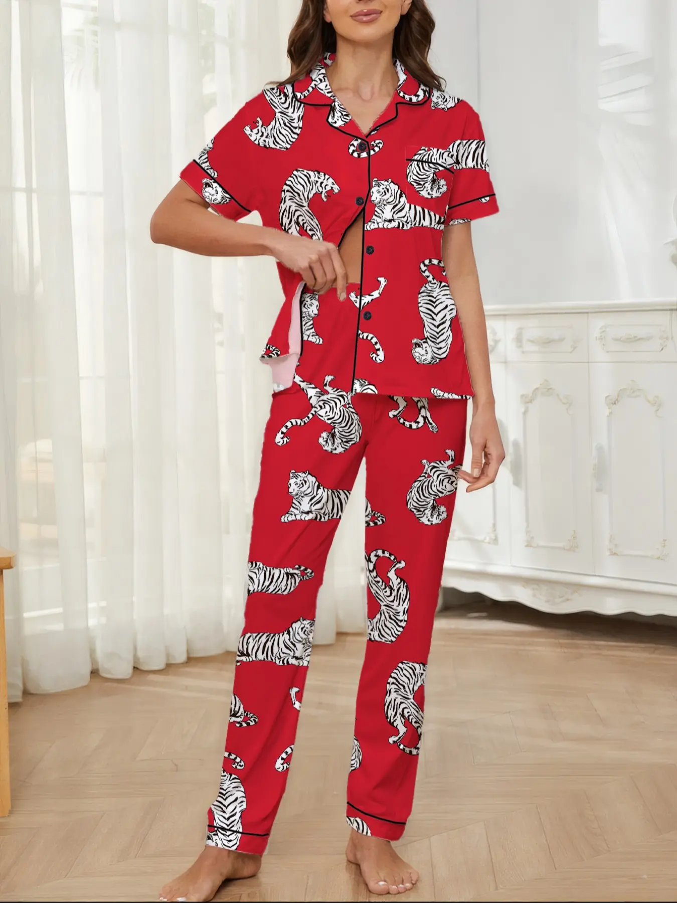 Women's Sleepwear Loungewear Pajama Set, Tiger Animal Print, Elegant Casual, Comfortable Lapel Short Sleeve Top & Wide Leg Pants, Holiday Party Wear