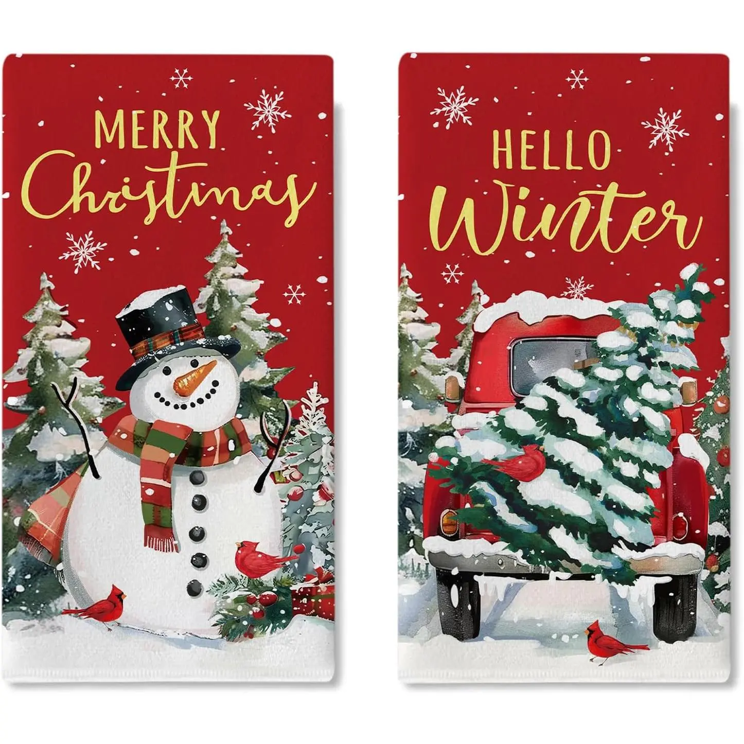 Soft Christmas Snowman Red Truck Kitchen Dish Towels Set of 2 (16x24 in) - Hello Winter Xmas Tree Drying Hand Towel, Cardinal Snowflake Holiday Home Bathroom Decoration Baking Cooking Cloth, Cleaning