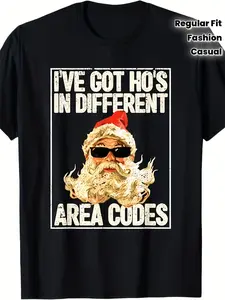 Funny Santa with Fashion Glasses Graphic T-Shirt - "I've Got Ho's in Different Area Codes" Humorous Christmas Novelty Tee, Black Casual Round Neck Regular Fit Machine Washable, Funny Christmas Shirt, Holiday Apparel, Festive Humor, Regularfit Tee