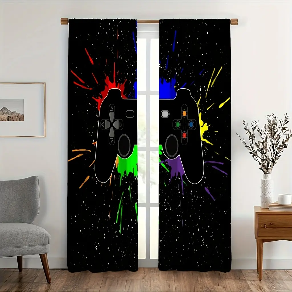 1Set/2pcs Game Controller Window Treatments Printing Pattern Curtains, 100% Polyester - UV Protection Fashion Colorful Gamepad Pattern Bedroom, Game Room Decorative - Rod Pocket, Fabric Is A Bit Thin 90-100g