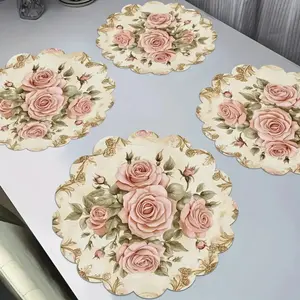 4pcs 38cm/15 inch Heat-Resistant Non-Slip Washable Round Placemats, Vintage Pink Rose, Sunflower, Yellow Lemon Pattern Polyester Table Mats, Place Mats for Dining & Party, Kitchen, Christmas Decor, Dining Table Decoration, Gifts, Waterproof Placemat