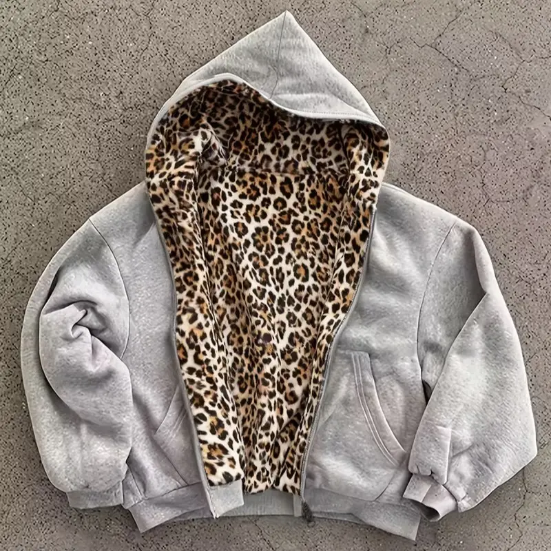 Men’s reversible zip hoodie sweatshirt with leopard print lining, autumn/winter vintage solid color, can be worn front or back
