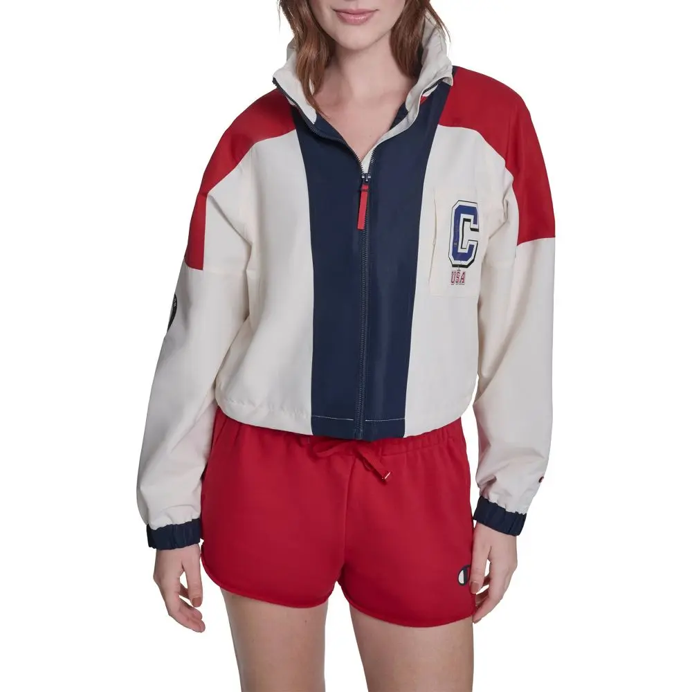 Champion Women's Olympic Cropped Windbreaker Jacket, All Season Wear, At Hip, Stripe, T-Shirt