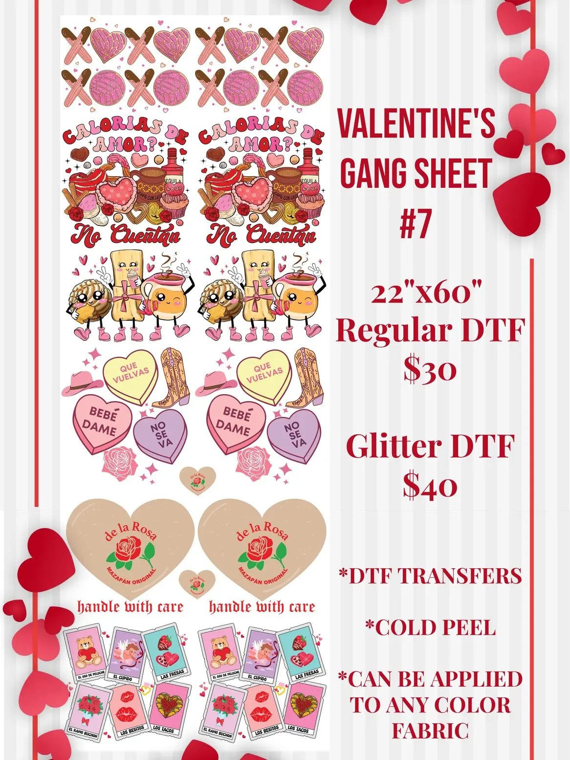 22x60 Valentine's Gang Sheet 7 DTF Pre-Made Cold Peel Transfers