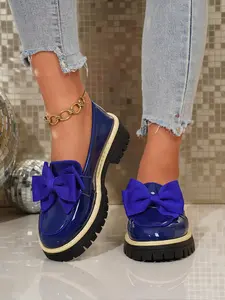 Women's Bow Flat Slip-On Loafers, Casual Spring Summer PU Leather Shoes, Plain Pattern, Below Ankle Height, Comfortable Walking Shoes