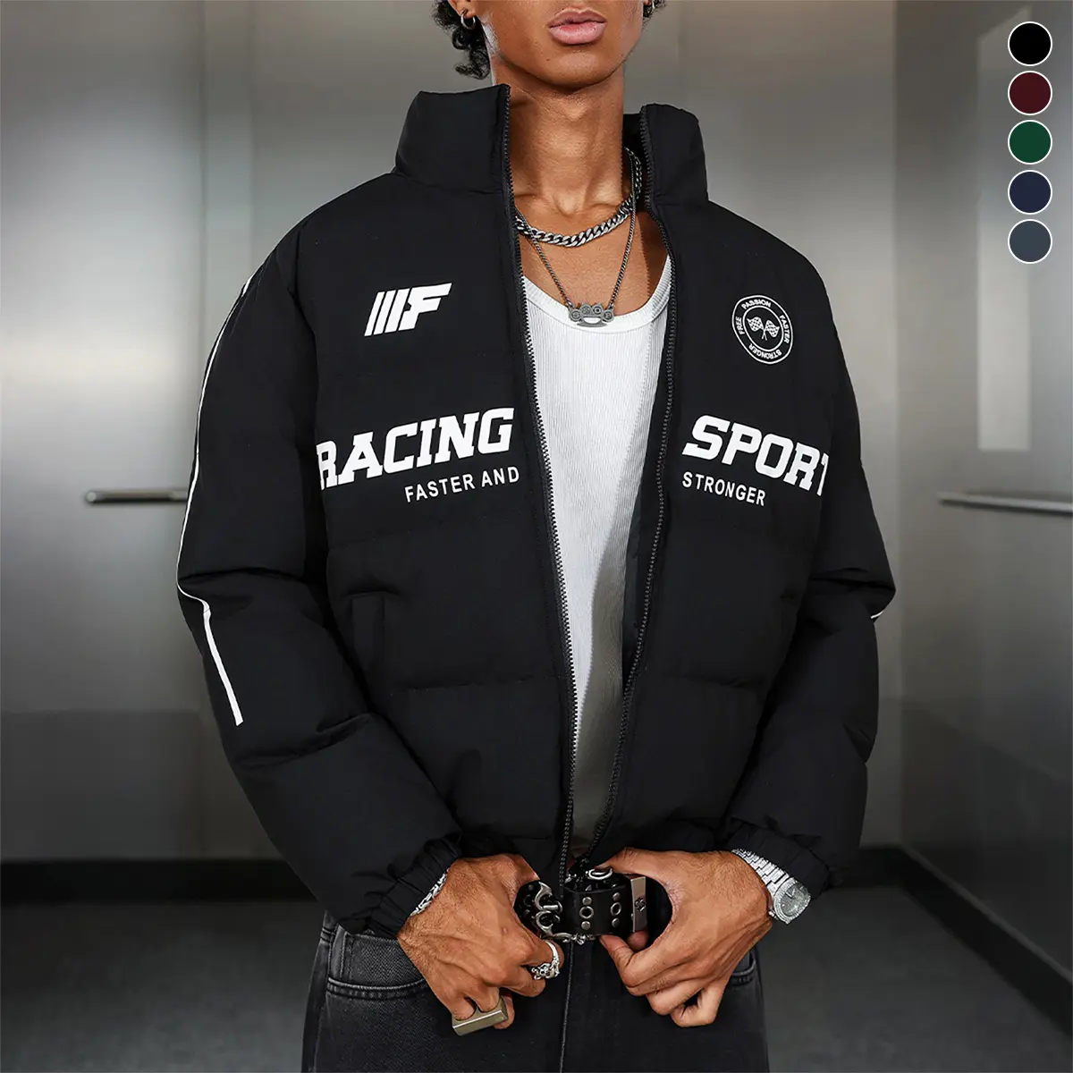 Stylish Casual Men's Warm Winter Jacket with Racing Graphics, Versatile and Trendy. Crafted from windproof and abrasion-resistant fabric, perfect for cycling and everyday leisure wear—an ideal choice for winter outfits. Long-sleeve solid-color jacket.