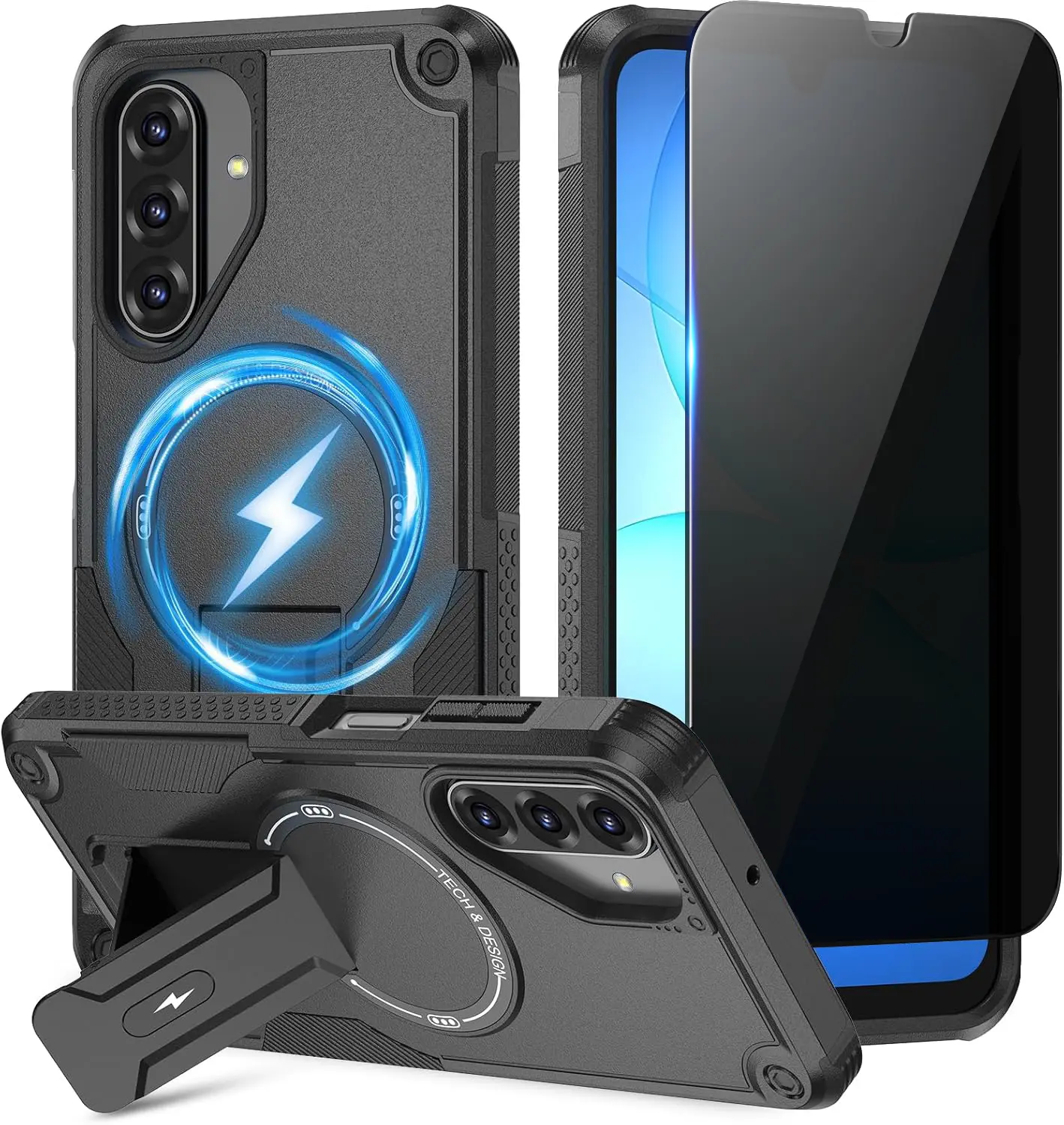 Magnetic Smartphone Cover for Samsung Galaxy A17 5G - MagSafe Compatible, Shockproof Protective Case, Invisible Kickstand, Privacy Shield Tempered Glass Screen Protector, Black Handheld Cellphone Accessory