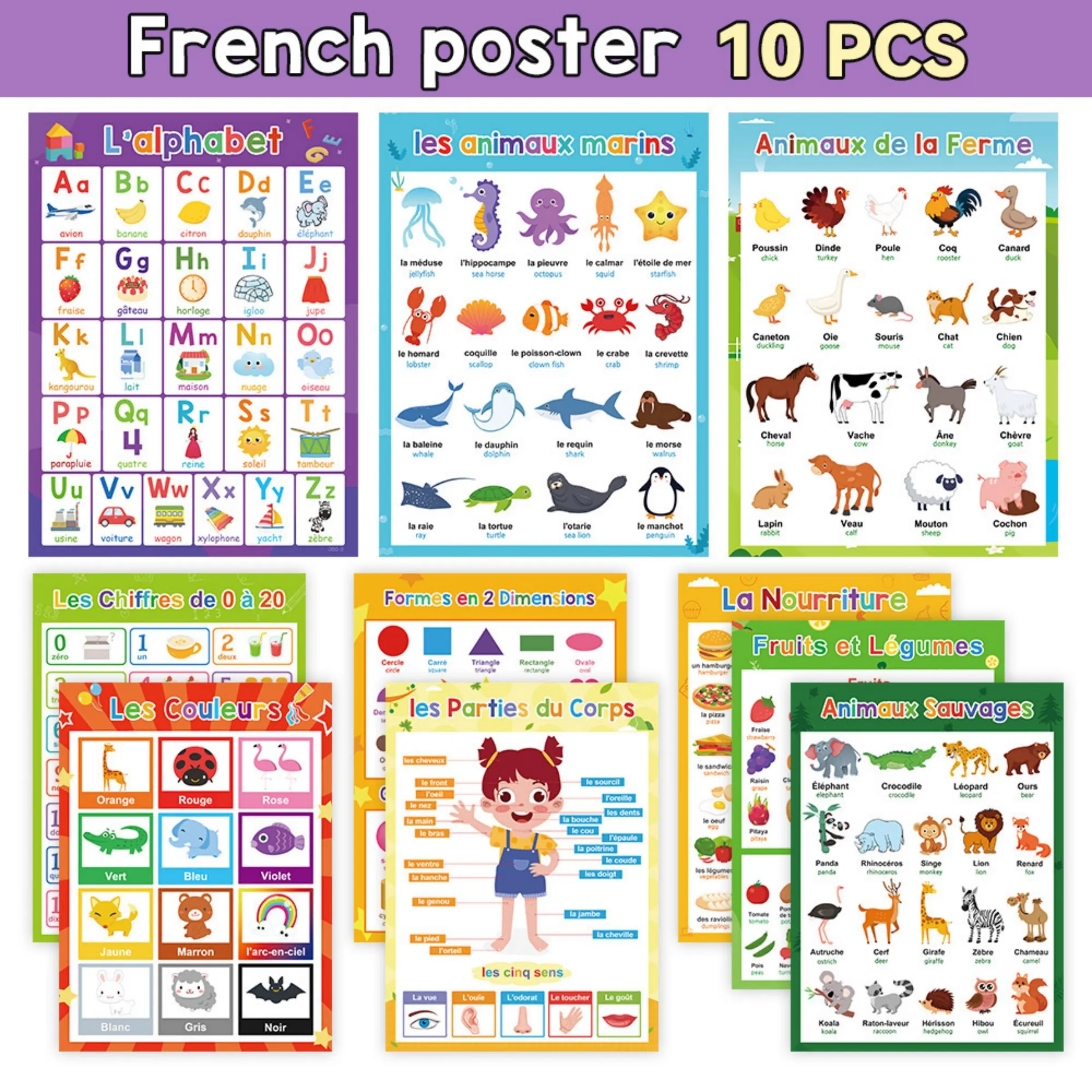 French Alphabet, Animals, Fruit and Number Learning Posters, 10 pcs/set Early-Education Charts, Educational & Teaching Supplies for Home and School Classrooms