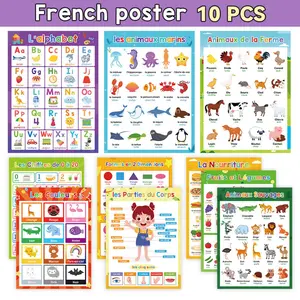 French Alphabet, Animals, Fruit and Number Learning Posters, 10 pcs/set Early-Education Charts, Educational Supplies for Home and School Classrooms