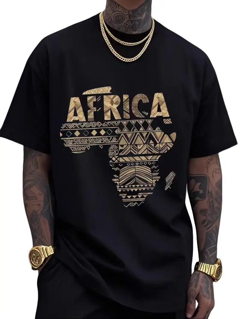 Men's Thick Pure Cotton Oversized Loose Round Neck Black T-Shirt - Shiny Metallic Golden Bold Tribal Shine Tribal Traditional Geometric Africa Map & AFRICA Print, Outdoor Casual Wear, Cultural Heritage Gift for Jeans Pairing, Heritage Graphic