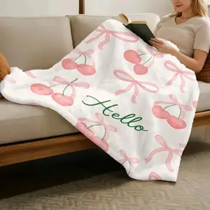 Pink Bow Cherry Throw Blanket – Soft Plush Warm Fleece Blanket for Sofa, Bed, Office, Travel, Home Decor