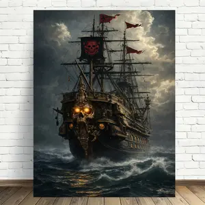 Pirate Skull Ship Canvas Prints, Room Decor Wall Art Poster, Vintage Nautical Wall Art Painting for Living Room Bedroom Office