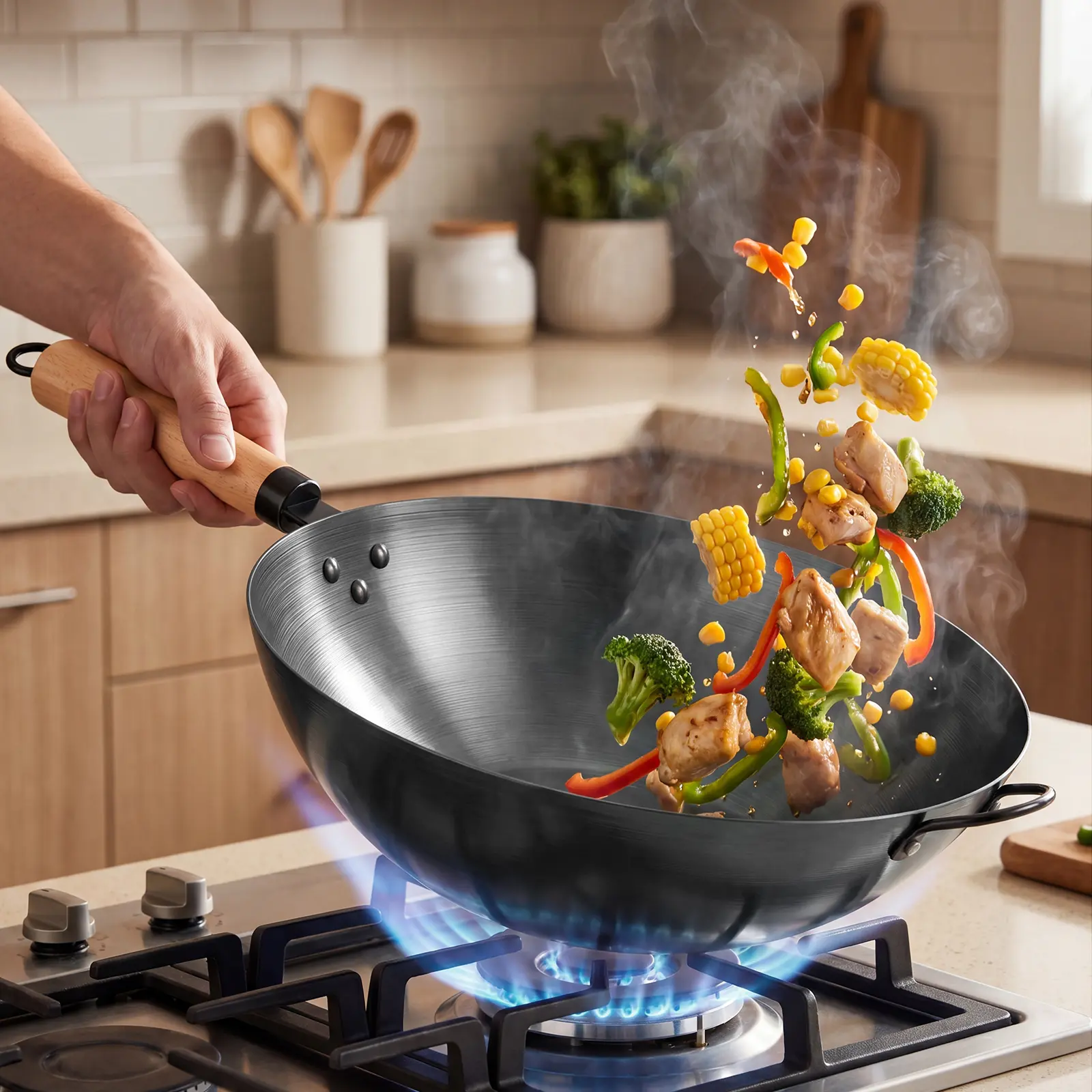 13.8 in Round Shape Pre-Seasoned Carbon Steel Wok - Sturdy, Lightweight, Compact, Non-Stick Blue Finish, Wooden Handle, Helper Loop, High Heat Resistant, Oil-Efficient Stir Fry Pan for Gas Stove, Ideal for Chinese Home Cooking & Meat Dishes
