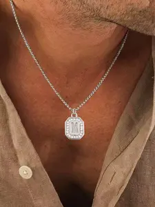 1Pcs Pave Zirconia Block Initial Pendant Men Necklace Simple Fashion Initials Necklace Daily Wear Necklace Silvery Stainless Steel Chain Necklaces For Men