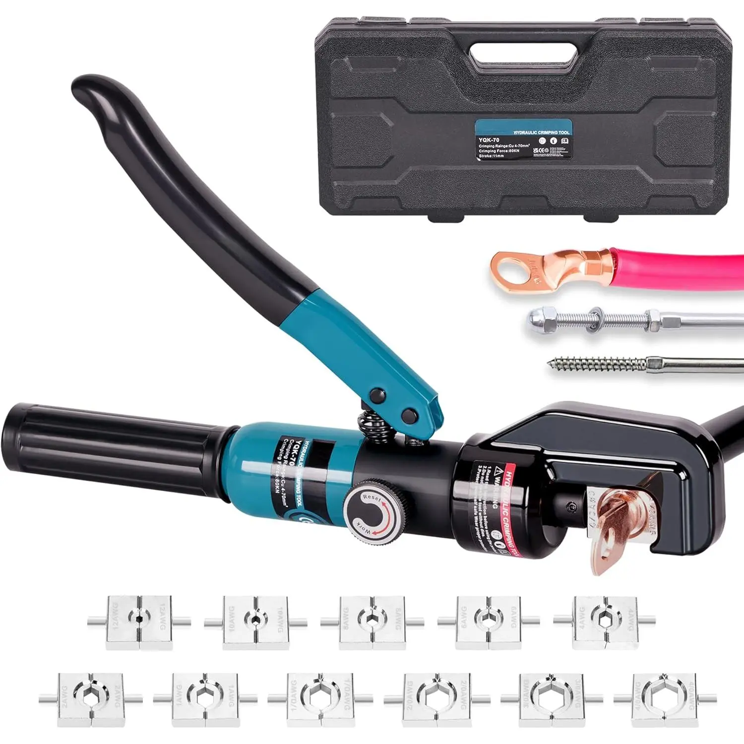 10 Ton Hydraulic Crimping Tool with 11 Standard American Dies, Crimps 12AWG to 4/0 AWG, Copper and Aluminum Cable Crimping Tool, 2/0 AWG Wire Rope Crimping Tools, 4/0 AWG Battery Cable Crimper