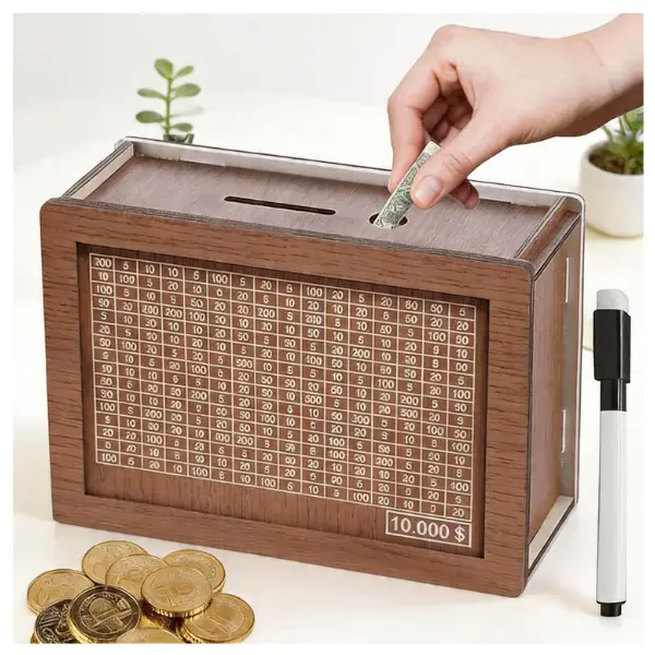10000 Savings Challenge Box, Cashbox Kakeibo Money Saving Box, Money Vault Saving, Wood Money Box, Gadget Gift Decoration for Teens and Adults for Christmas, Easter, Valentines Day