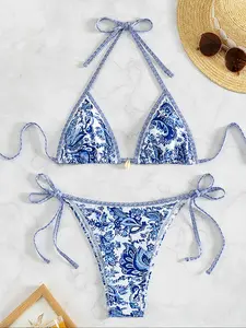 Women's All Over Print Bikini Set, Chic Halter Neck Swim Bra & Tie Side Swim Thong, Ladies Swimsuit for Summer Beach Holiday Vacation, Halter Bikini Top Bikini Swimsuits