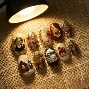Retro Fairy Story Bear & Snowman Press On Nails, Plaid Patch Berry Ribbon Hand-Painted Long Oval Nails, Festive Atmosphere Removable False Nails with Jelly Glue and Nail File