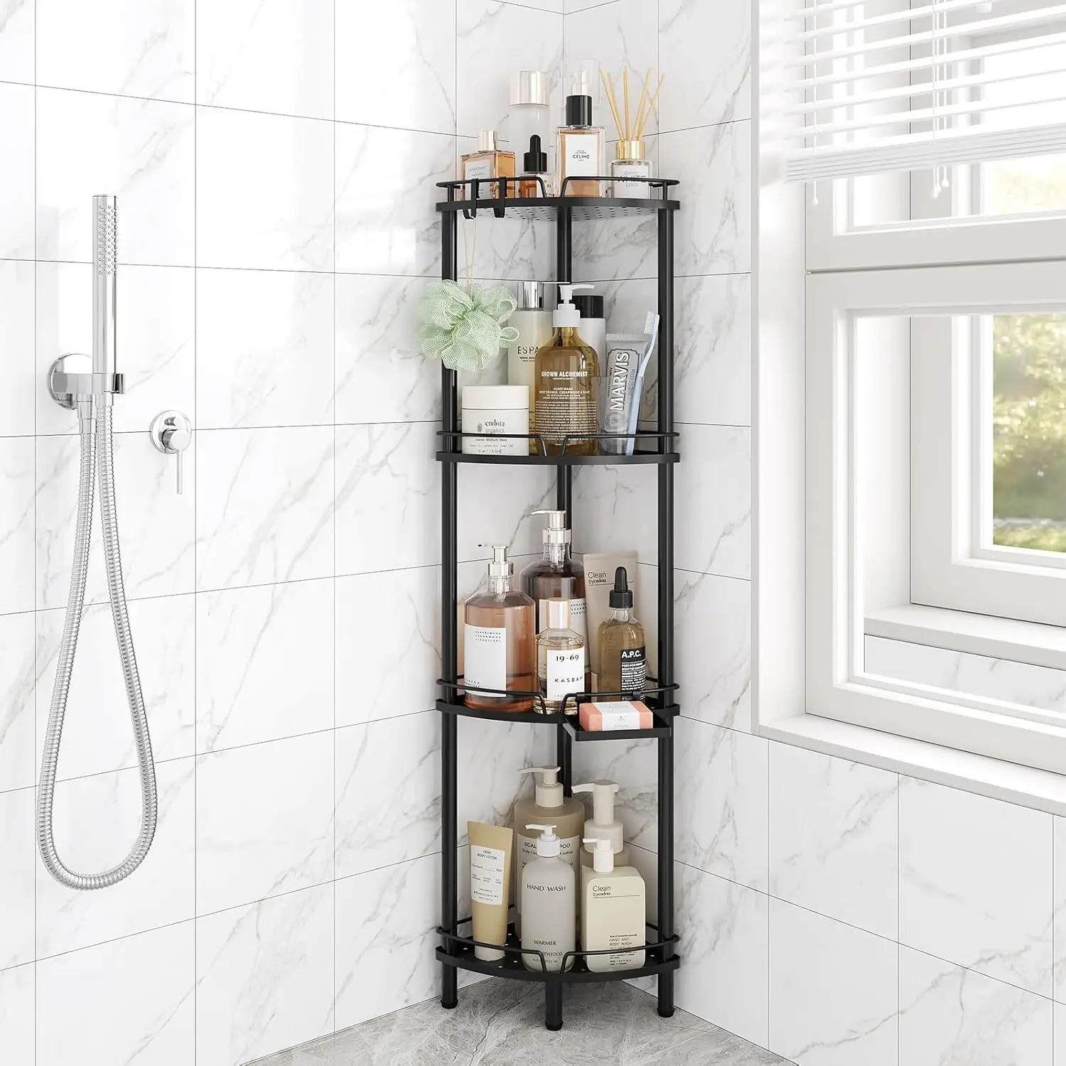 Corner Shower Standing, 4 Tier Rustproof Shower Organizer with Soap Holder, Shower Corner Shelf Rack Stands with Feet & 2 for, Black