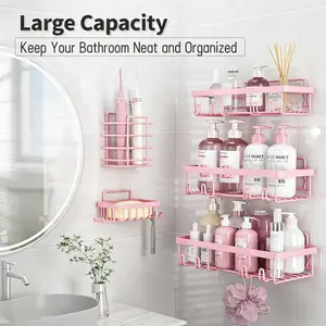5-Pack Pink Heavy Duty No-Drill Stainless Steel Metal Shower Organizer Set - Rustproof Waterproof, Strong Adhesion Installation, Large Capacity Hollow Drainage Shelves, Adjustable Toothbrush Soap Holder, Minimalist Wall Mounted for Bathroom, Kitchen