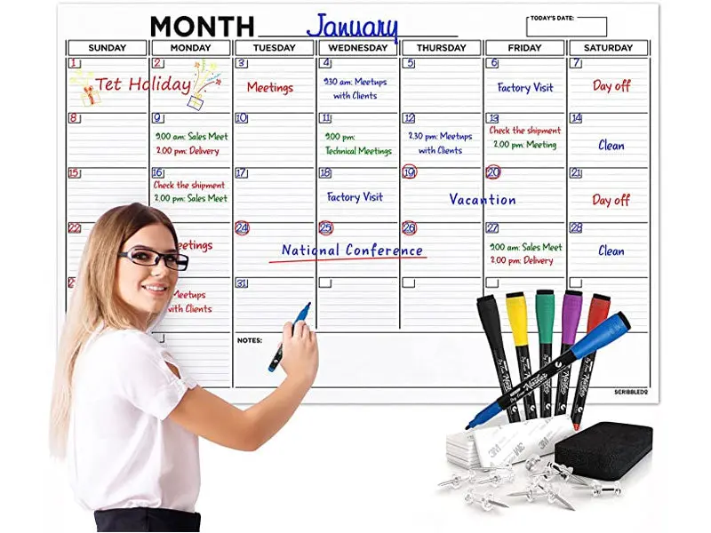 Dry Erase Poster Calendar 36"x48" with 6 Markers, Eraser, Push Pins & Mounting Tape