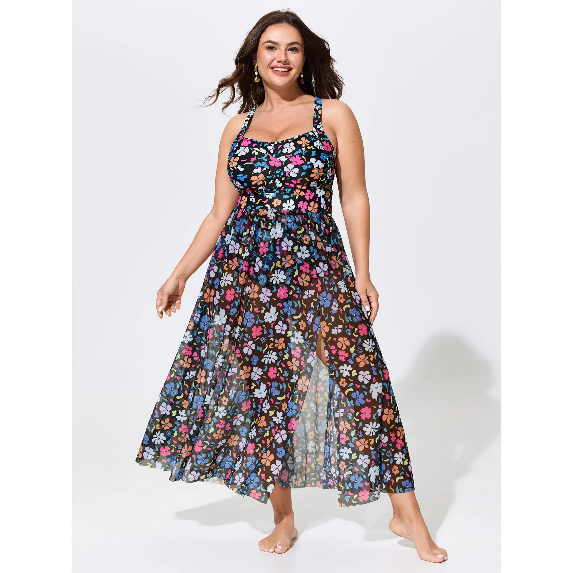 BLOOMCHIC Plus Size Split Hem Sarong Set Floral One-Piece Swim M-6X ,Summerfinds