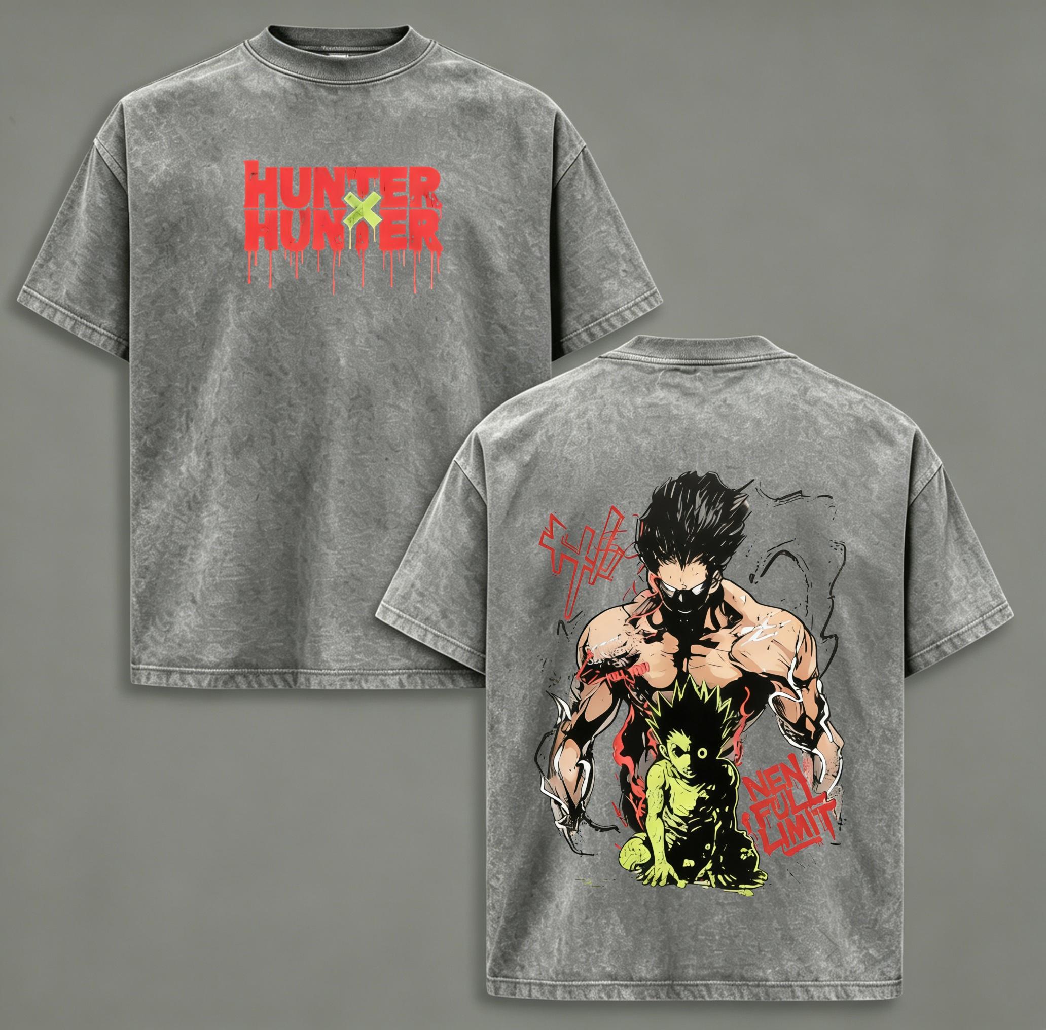 Hunter X Hunter Gon Freecss Adult Transformation Vintage Acid Wash Oversized T-Shirt Front Drip Red Hunter X Hunter Logo Back Nen Full Limit Gon Graphic Distressed Black Unisex Cotton Crewneck Anime Tee Gift For HxH Manga Fans Casual Street Outfit