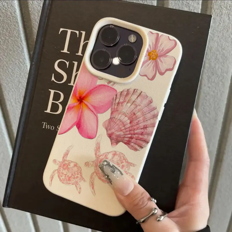 Soft Pink Sea Turtle Shell & Hawaiian Flower Pattern TPU Protective Case for iPhone 16-15-14-13-12 - Mobile Phone Protection Accessory, Electronics Accessories, Turtles, Hawaiian Print