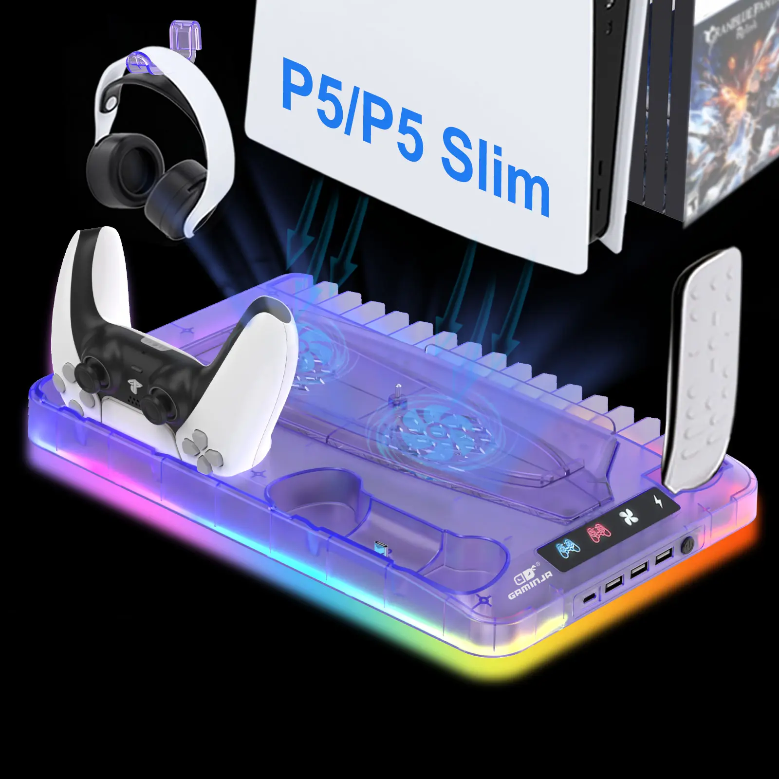 YLW GAMINJA Charging Station Stand For PS5 Slim Game Controller Cooling Fan With RGB Light For Play station5 Gaming Accessories Durable Compact