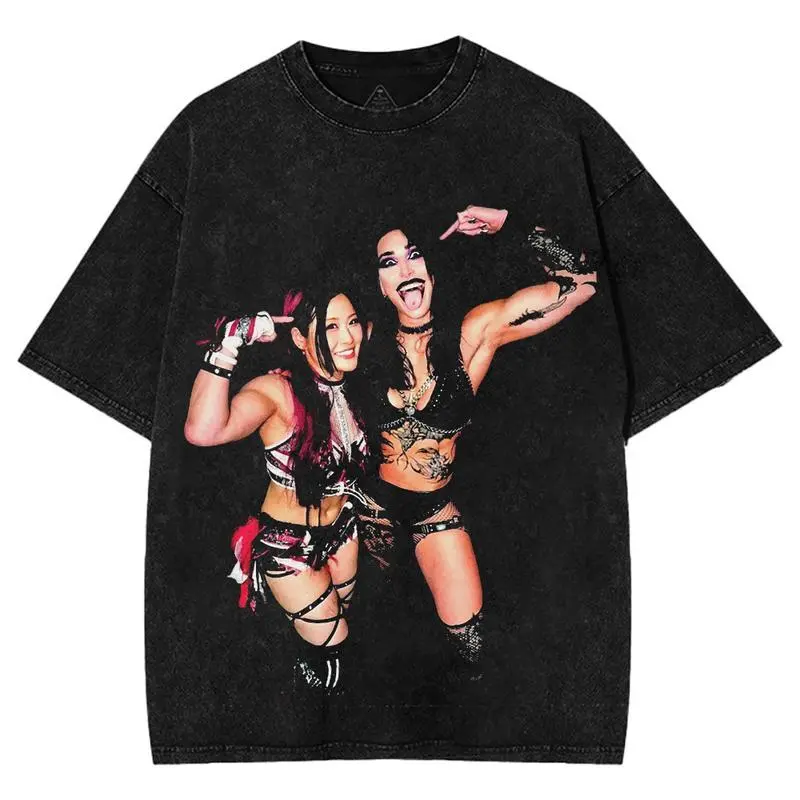 WWE Rhea Ripley and Iyo Sky Washed T-Shirt | Vintage Graphic Design | Iconic Wrestling Print | Classic Fan Apparel Cotton Fabric