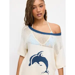 Cider Knit Cotton-blend Crochet Dolphin Graphic Boat Neck Oversized Short Sleeve Top
