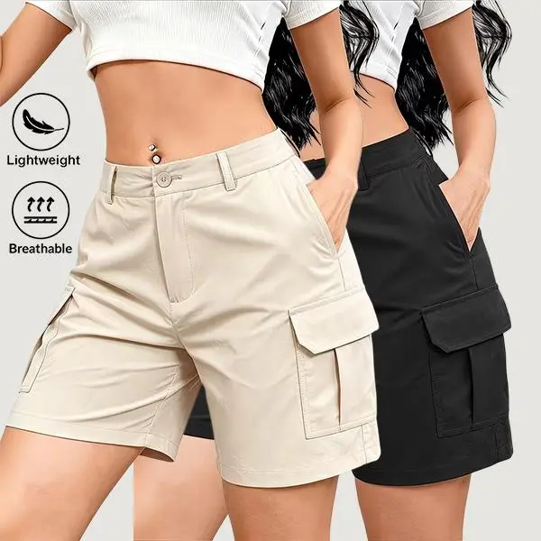Women’s summer cargo shorts, available in 2-pack or single pack options; Y2K style with a waist button closure and large pockets; multiple colors to choose from; suitable for everyday casual wear in summer.