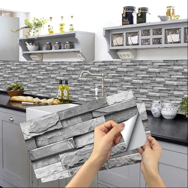 2D Flat Peel and Stick Stone Brick Wall Tiles, Self-Adhesive Waterproof Backsplash Panels, Decorative Panels, Modern Stacked Stone Design, Easy Installation & Removable, Interior Walls