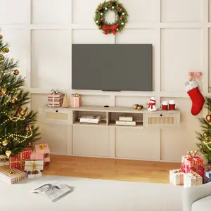 Wall Mounted Floating TV Stand with Rattan Doors, Media Console with Storage Shelf, Fits 55"-75" TVs