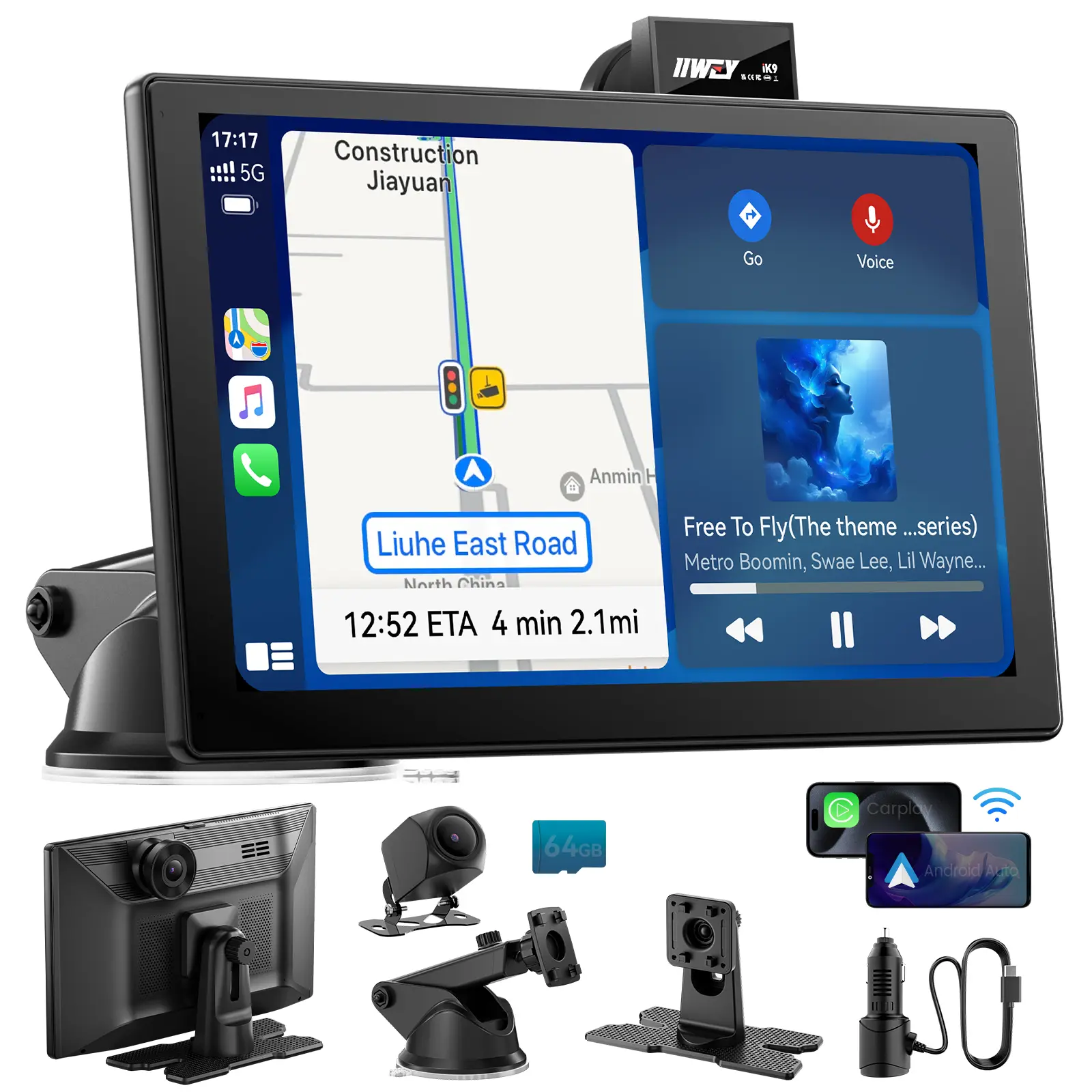 【IIWEY iK9】9" Wireless CarPlay & Android Auto Screen, Portable Car Stereo with 4K Dash Cam & 1080p Rear Camera, CarPlay with Backup Camera, Touch Screen GPS Display, Mirror Link, Apple Car Play Screen, Free 64GB, fathersdaygift