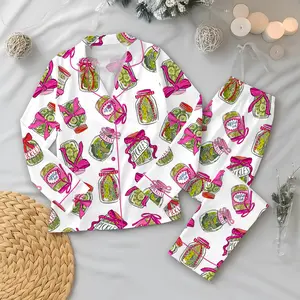 Women’s Pickle Lover Pink Bows Pajama Set, Christmas Sleepwear Gifts Nightwear Pajama Satin Long Pants, Noel Santa Gift For Her